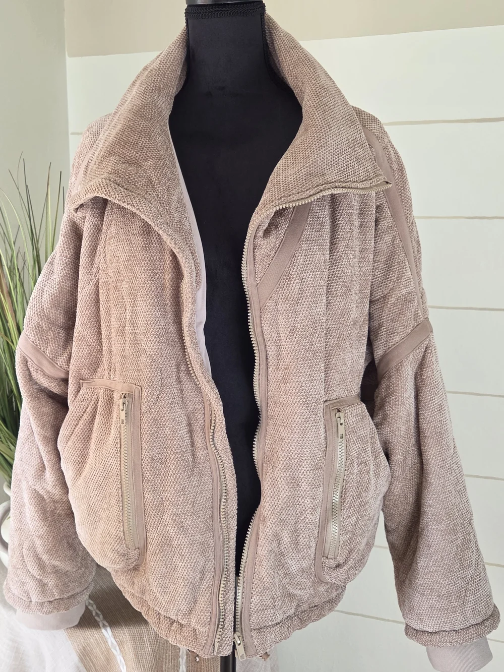 POL Mocha Plush Fleece Teddy Bear Coat Zip Up Bomber Jacket L Boho